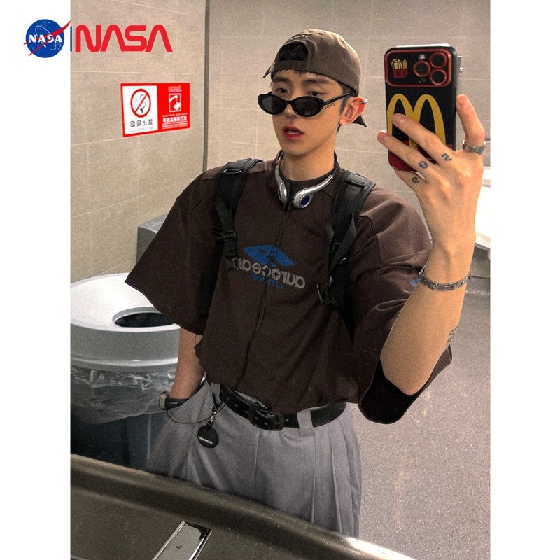 NASA聯名重磅純棉咖啡色短袖T恤男夏季美式復古撞色字母印花上衣—貼心服飾
