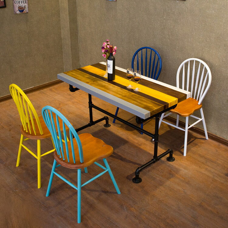 創意水管餐桌複古工業咖啡桌奶茶甜實木茶餐廳桌椅組合