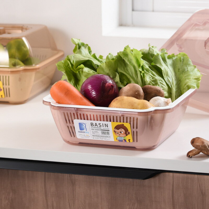 雙層瀝水籃 廚房蔬菜瀝水盆多功能帶蓋洗菜盆瀝水塑料碗筷收納盒