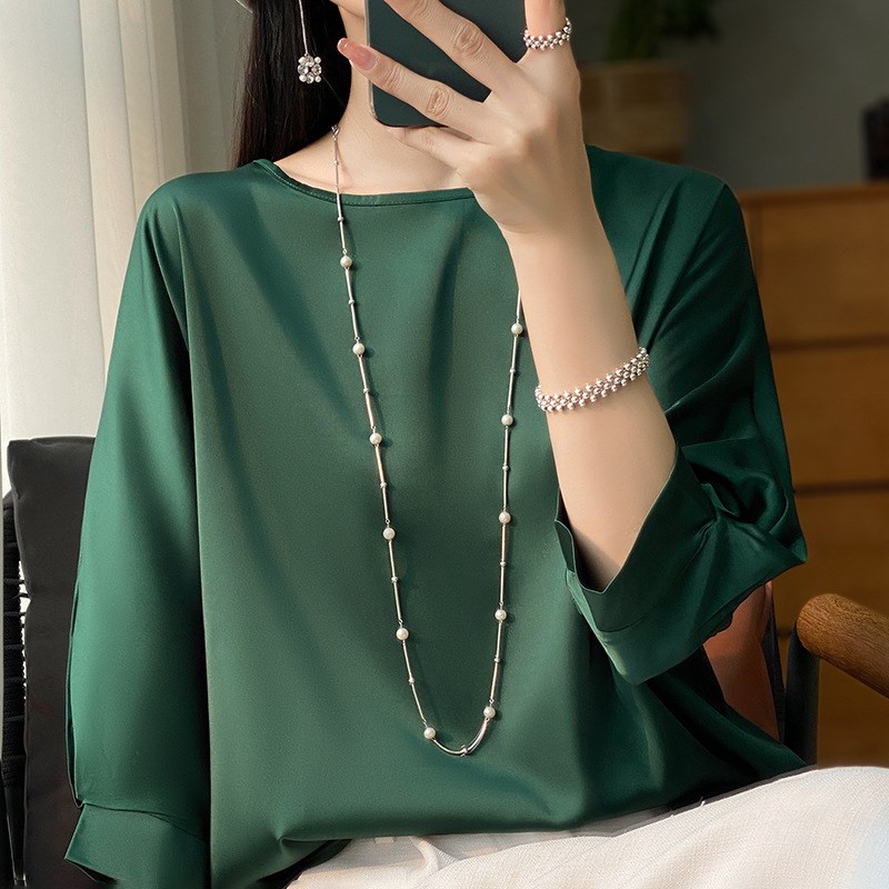 【巴黎精品】現貨秒發 頂級法式緞面襯衫絲質上衣名媛絲綢冰絲絲質背心-七分袖內搭女素色T恤5色a1ep15 4
