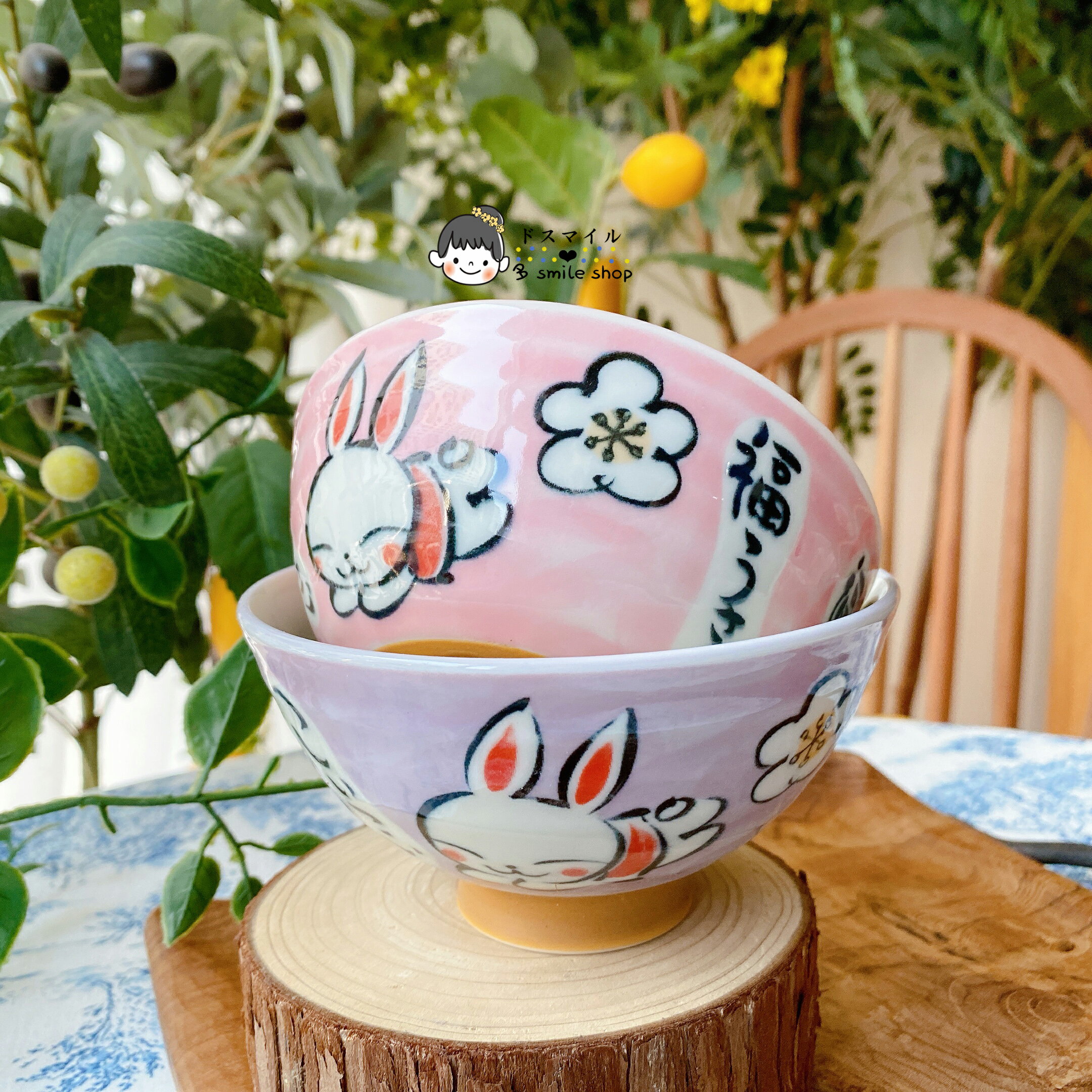 進口美濃燒可愛萌物粉色紫色福氣櫻花兔子陶瓷釉下彩飯碗