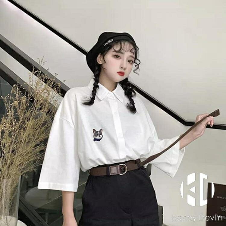 黑色短袖襯衫女復古港味寬鬆百搭襯衣夏【聚物優品】