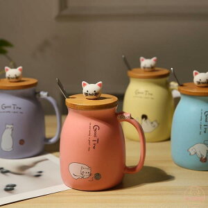 日式可愛貓陶瓷馬克盃帶蓋勺咖啡牛奶盃閨蜜情侶少女高顏值茶水盃