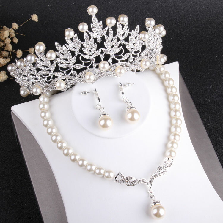 熱賣新娘飾品 珍珠女王大皇冠婚紗頭飾項鏈耳環三件套