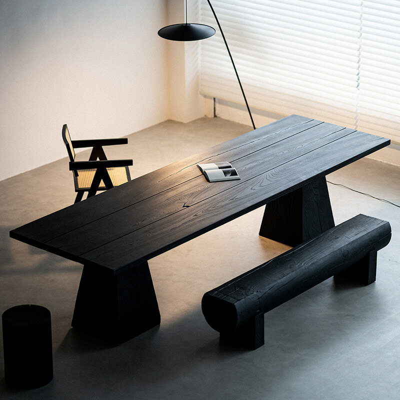 【免運】可開發票 侘寂風白蠟木大板餐桌設計師創意工作臺辦公桌黑色實木泡茶桌子