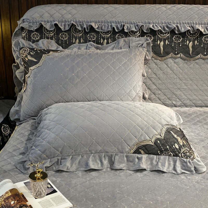 加厚水晶絨信封枕套一對裝冬季歐式珊瑚絨刺繡48x74cm枕頭套2個裝