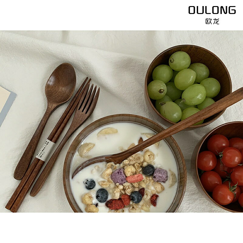 韓國風ins深色實木水果沙拉碗早餐麥片泡面碗復古防燙天然木碗