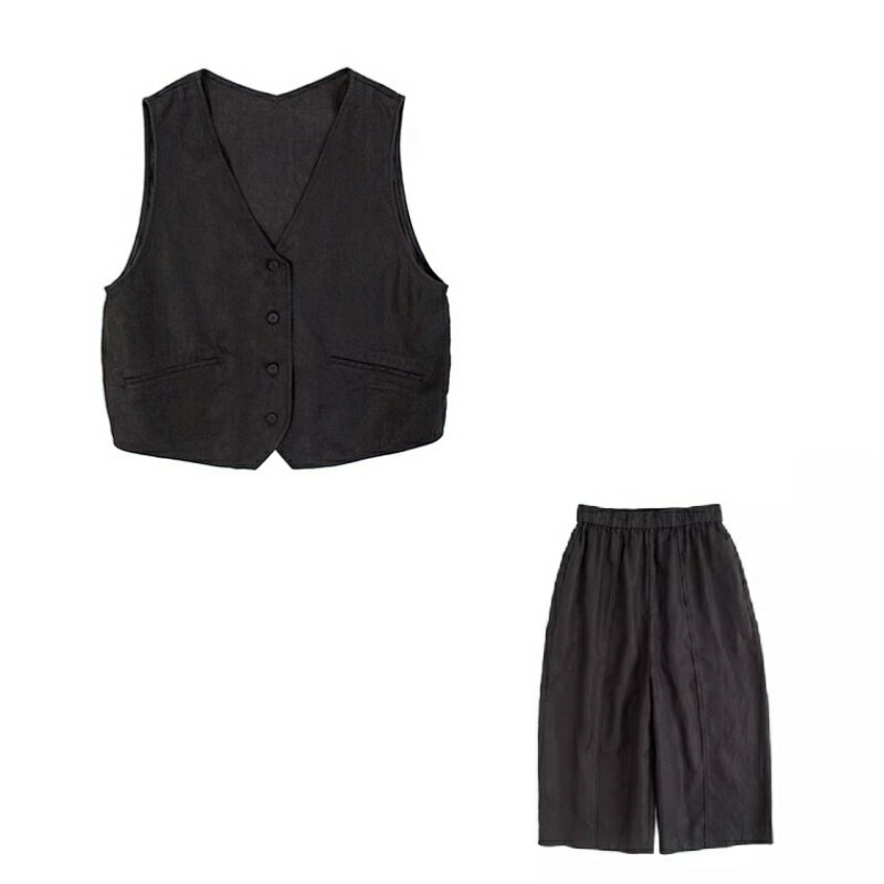 現貨+預購 休閒套裝無袖褲裝-亞麻背心九分蘿蔔褲女裝74kc80【獨家進口】【米蘭精品】
