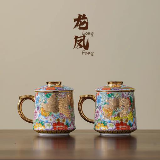 【掐絲萬花龍鳳泡茶杯-多款可選-1款/組】故宮琺瑯彩鎏金鎏銀馬克杯高檔伴手禮-250301