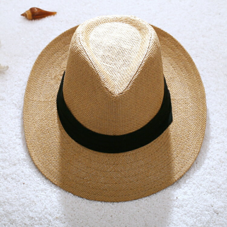 夏季爵士帽男式帽子遮陽帽男士草帽涼帽大帽檐夏天沙灘防曬太陽帽1入
