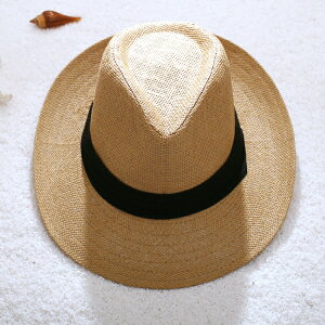 夏季爵士帽男式帽子遮陽帽男士草帽涼帽大帽檐夏天沙灘防曬太陽帽1入