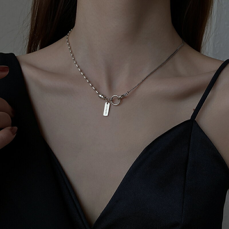 925純銀雙圓環項鏈女年新款方牌字母鎖骨鏈復古做舊嘻哈頸鏈 2