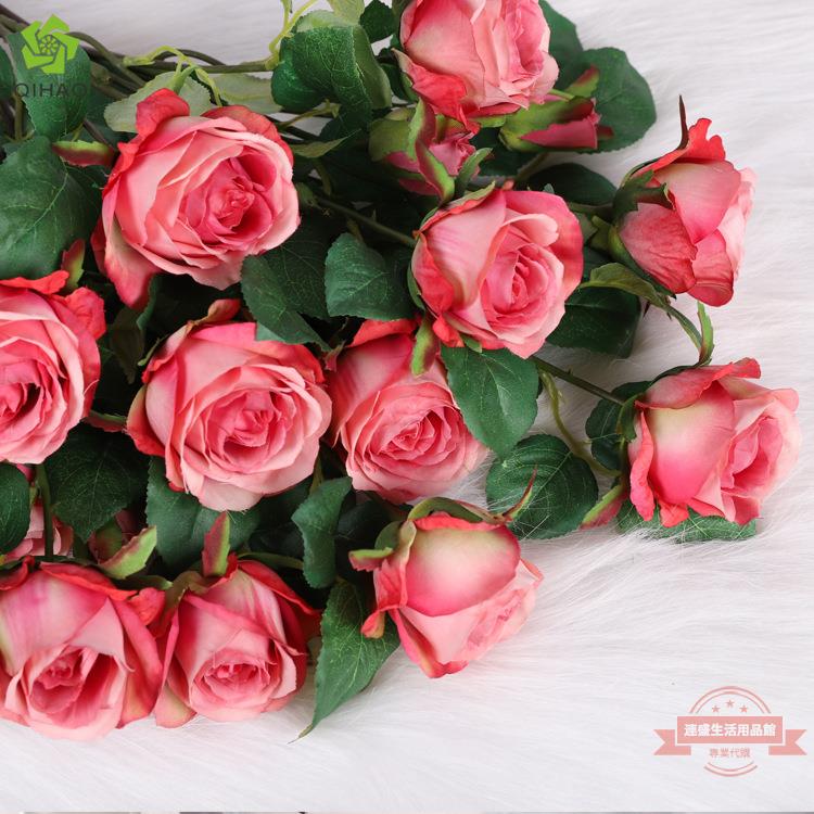 仿真玫瑰花單支 3頭香水玫瑰 婚慶客廳裝飾人造花 跨境專供