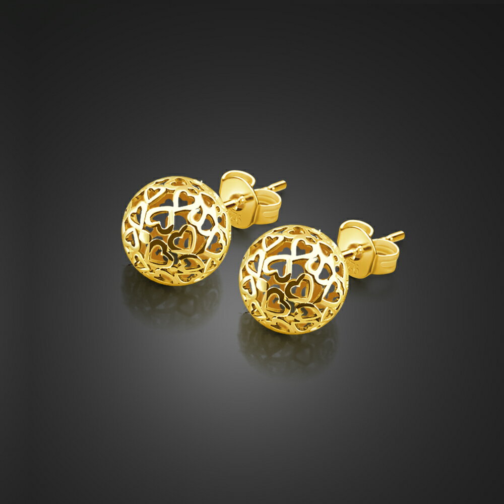 仿黃金S925通體純銀防過敏耳釘女簡約小巧精致玲瓏鏤空球耳環飾品