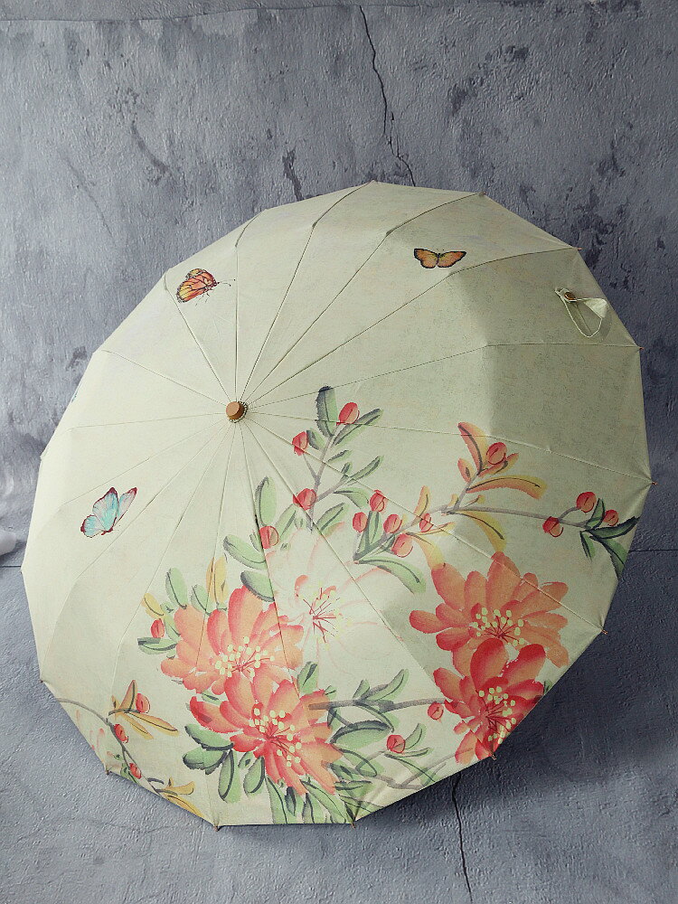 古典雙面彩膠遮陽傘 秋海棠原創中國風復古風16骨木柄晴雨傘