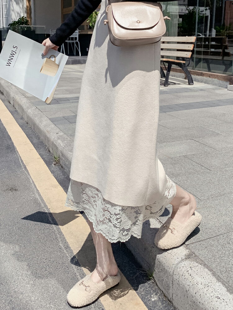 兩面穿秋冬針織半身裙女蕾絲中長款長裙網紗A字裙高腰包臀一步裙1入