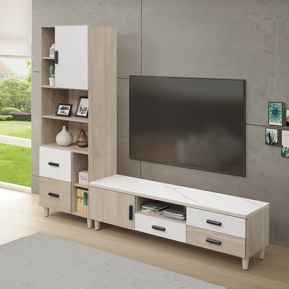 【直人木業】IVY當代日系風161公分陶板電視櫃加66公分展示櫃｜APP結帳再賺4%點數#雙11狂購節 1