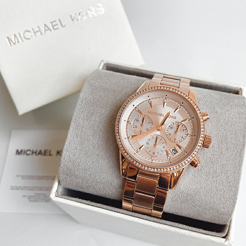 美國百分百【MICHAEL KORS】手錶 MK5491 水鑽錶圈 腕錶 三眼計時 女錶 MK5491 玫瑰金 J816