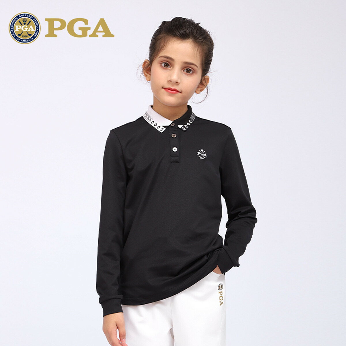 美國PGA 高爾夫球服 女童 彈性長袖T恤 拼色衣領
