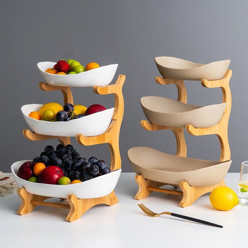 免運 創意三層多層水果盤歐式陶瓷干果盤竹木架家用零食盤糖果托盤果籃-快速出貨