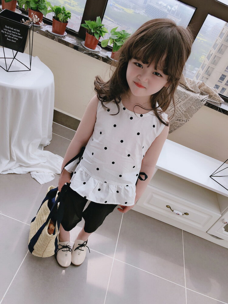 童裝女童夏季新款 兒童休閑圓點蝴蝶結背心上衣+純色休閑褲子1入