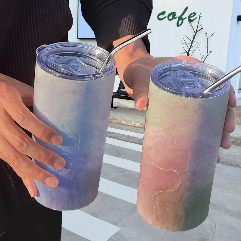 ins石紋唯美咖啡杯帶吸管隨手水杯ins高顏值304不銹鋼保溫杯學生【宜家良品百貨】