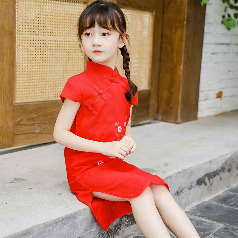 買一送一 【新品服裝】新款紅色兒童旗袍 女童漢服中國風童裝短袖旗袍刺繡連衣裙拜年服【交換禮物】