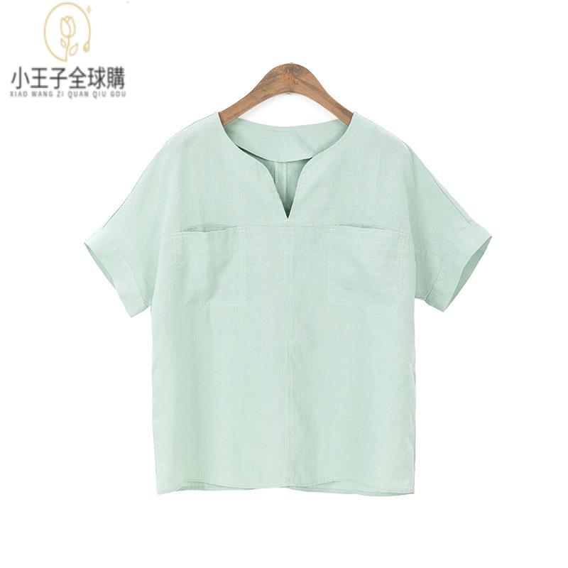 【公司現貨速發】免運 開發票 小王子女裝夏季涼爽亞麻襯衫 新中式復古V領寬松通勤百搭亞麻上衣女襯衣女裝上衣 流行女裝 棉麻 早秋 日韓女裝