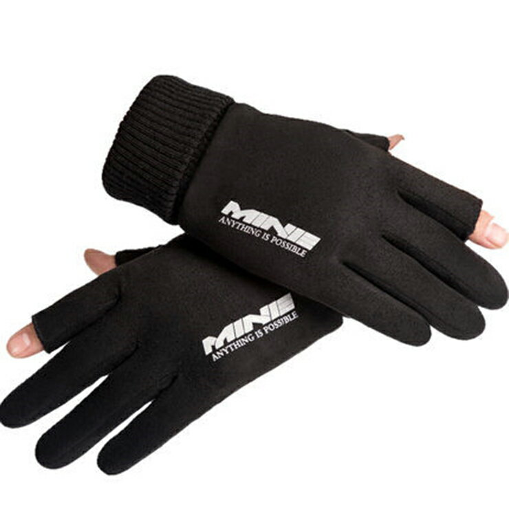 男生手套 麂皮絨冬季保暖觸屏手套 戶外騎行跑步開車二指半指手套