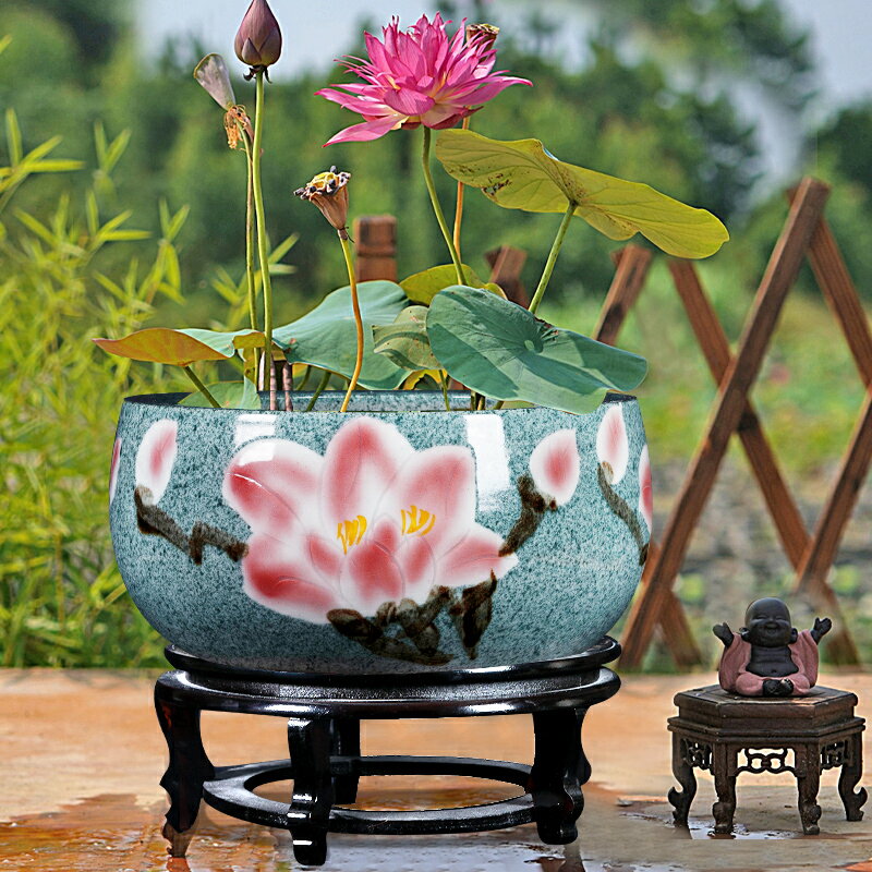 景德鎮陶瓷魚缸小型裝飾擺件手繪睡蓮缸碗蓮缸烏龜缸客廳陽臺戶外