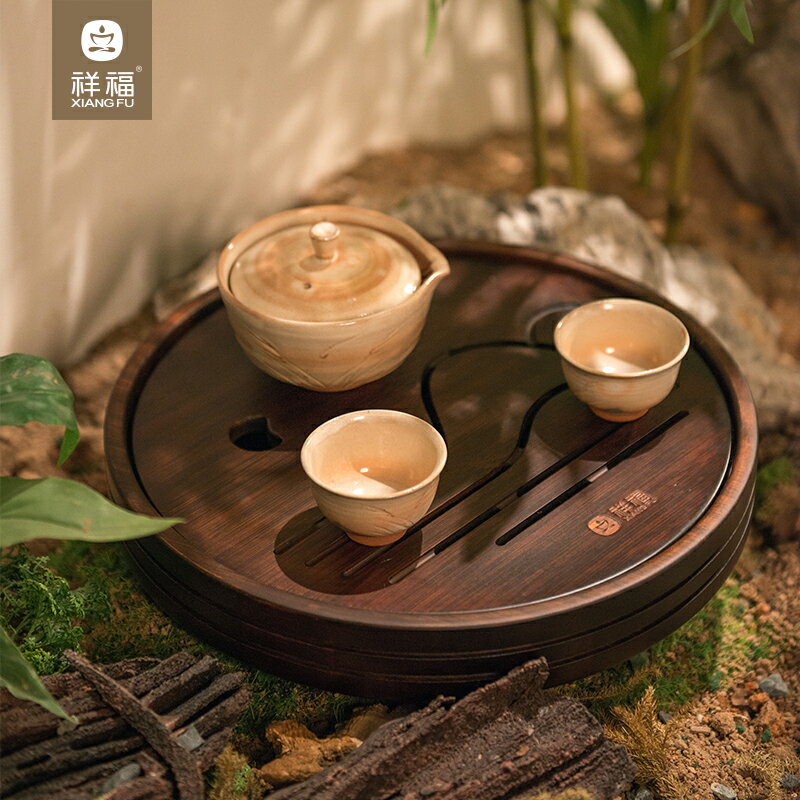 竹制茶盤圓形家用蓄水儲水干泡臺客廳茶幾茶海簡約窗臺小清新茶托