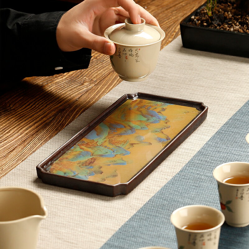 創意圓形茶盤家用小型陶瓷茶托盤中式干泡臺壺承儲水功夫茶具配件中式茶具 泡茶用品