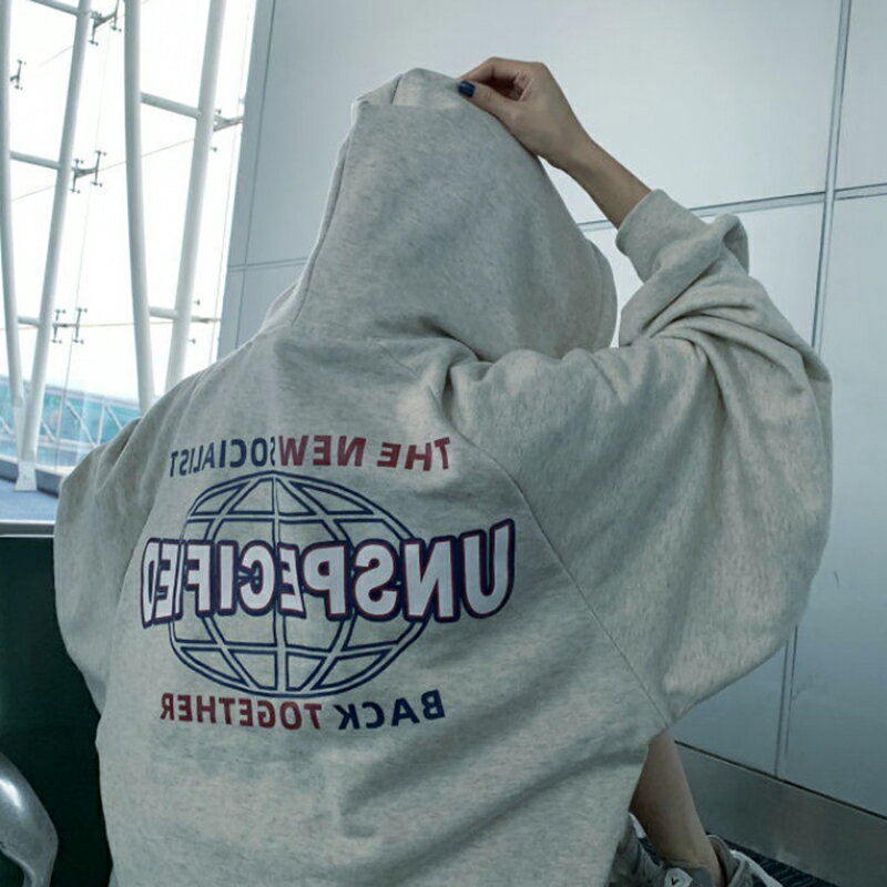 美式復古灰色連帽衛衣女春秋薄款寬松oversize上衣外套潮