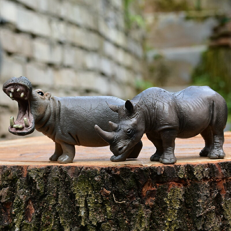河馬犀牛實心仿真動物模型野生動物塑料擺件兒童玩具微場景套裝