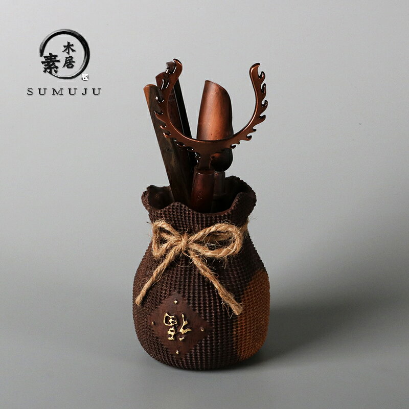 素木居 福袋茶道六君子套裝 紫銅黑檀實木功夫茶具組合 茶盤擺件1入