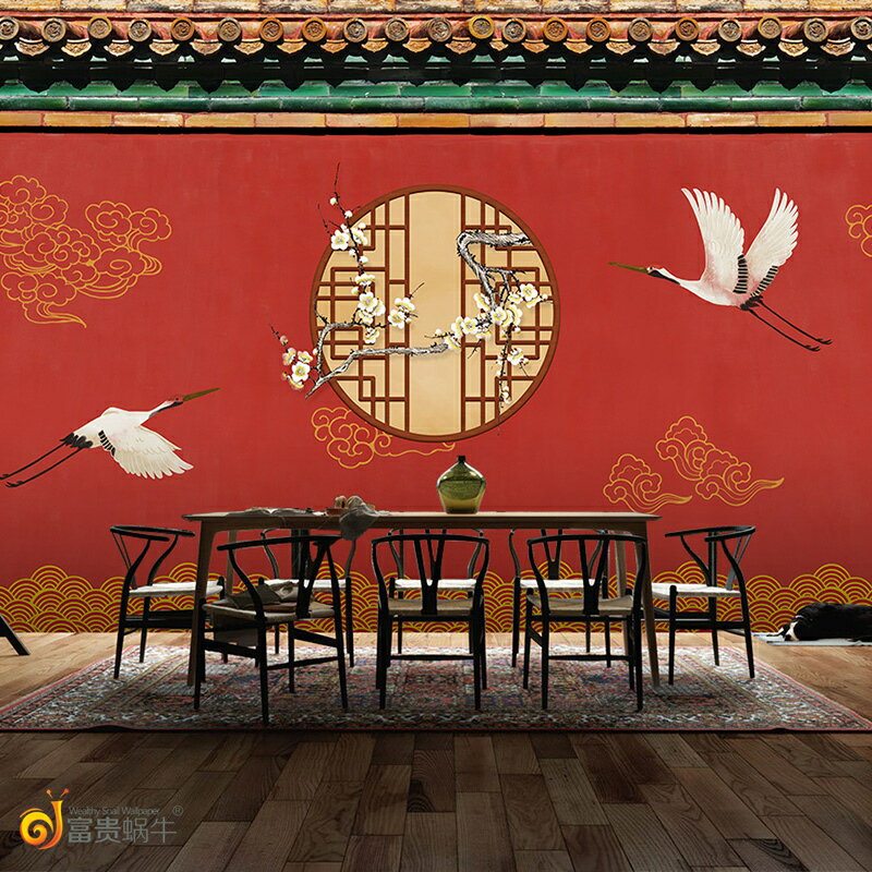 古典中式故宮紅墻桌布3d立體復古仙鶴祥雲客廳火鍋店屋簷背景墻紙