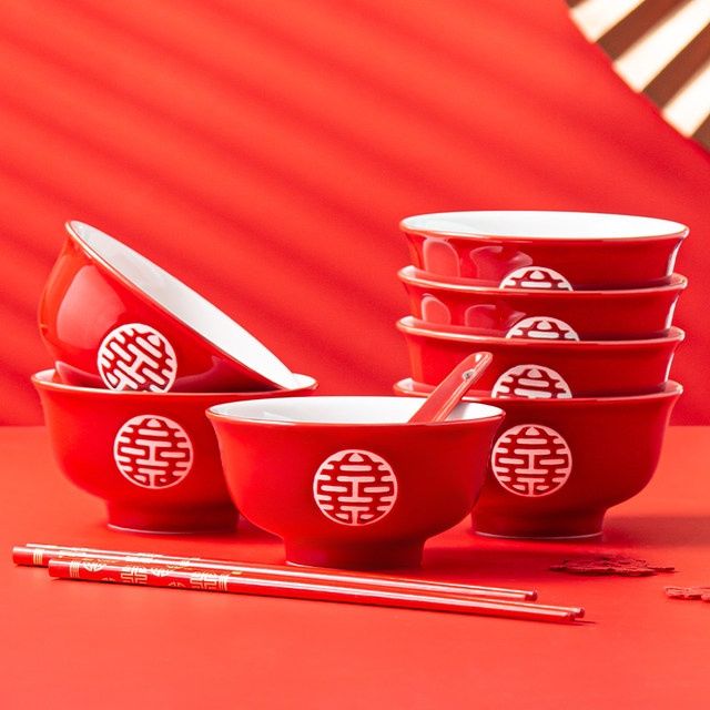 中式結婚陶瓷紅色碗筷套裝禮盒家用餐具釉下彩金鐘碗婚慶用品陪嫁