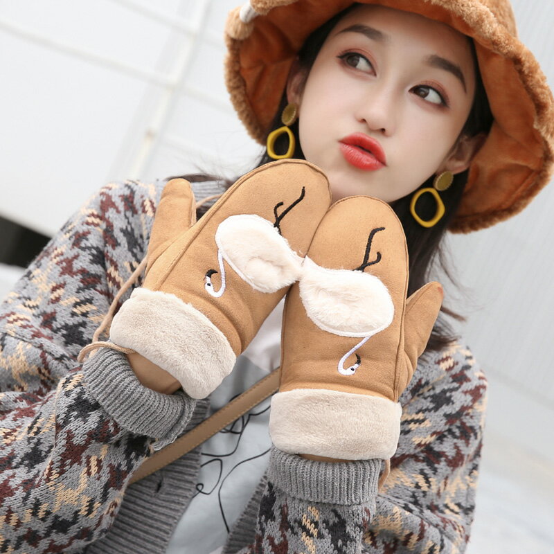 手套女冬季可愛韓版卡通掛脖學生麂皮包指加厚騎行保暖防風手套潮1入