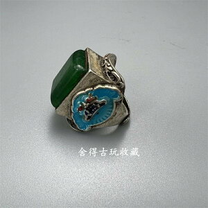西藏蒙古戒面民族戒指老銀鑲嵌翠綠霸氣男款藏族開口足銀金屬扳指