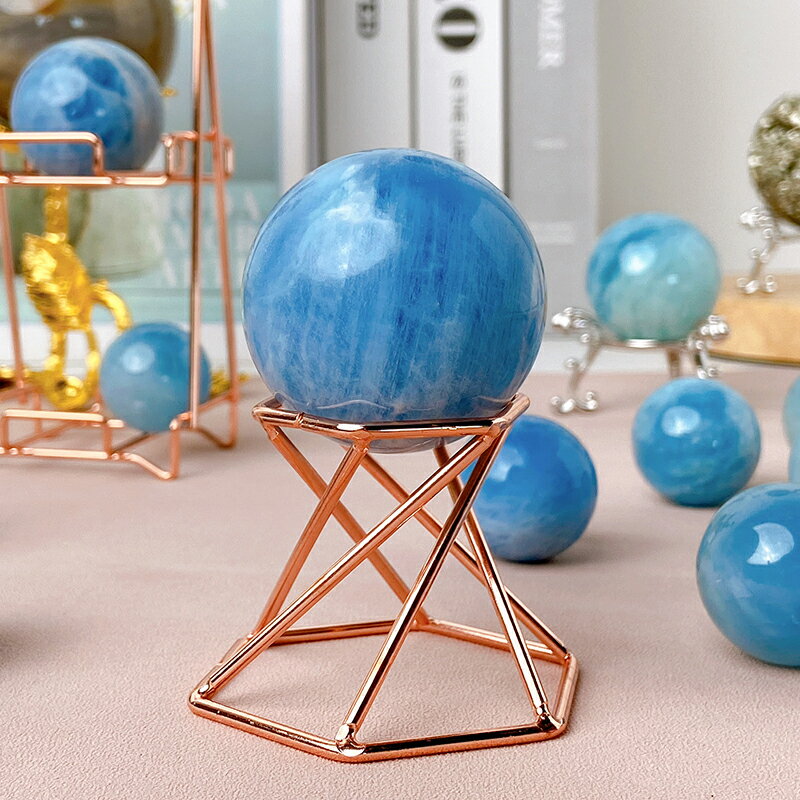 天然冰糯種海藍寶水晶球擺件藍色寶石礦石原單珠辦公室藝術裝飾品