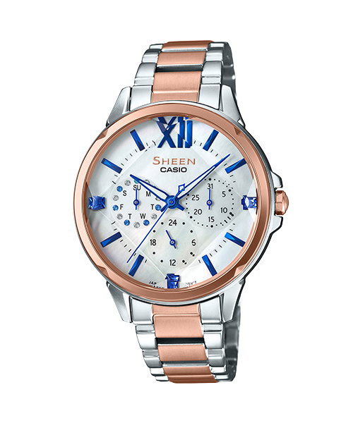 CASIO 卡西歐 SHE-3056SPG-7AUDF SHEEN 海洋清新優雅腕錶 蜜桃金 藍 37.1mm