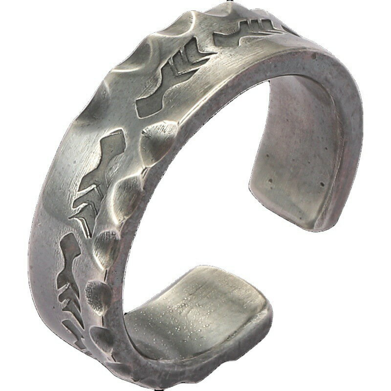 s990足銀手工鍛造印第安復古紋飾戒指男士定制銀指環開口單身戒男