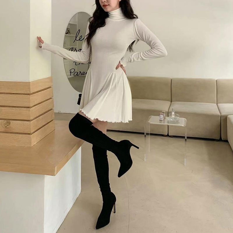 ANNAS 正韓顯身材高領傘裙洋裝 棉質彈性貼身洋裝 長袖高領洋裝 腰身顯瘦A字裙 性感合身素面 6