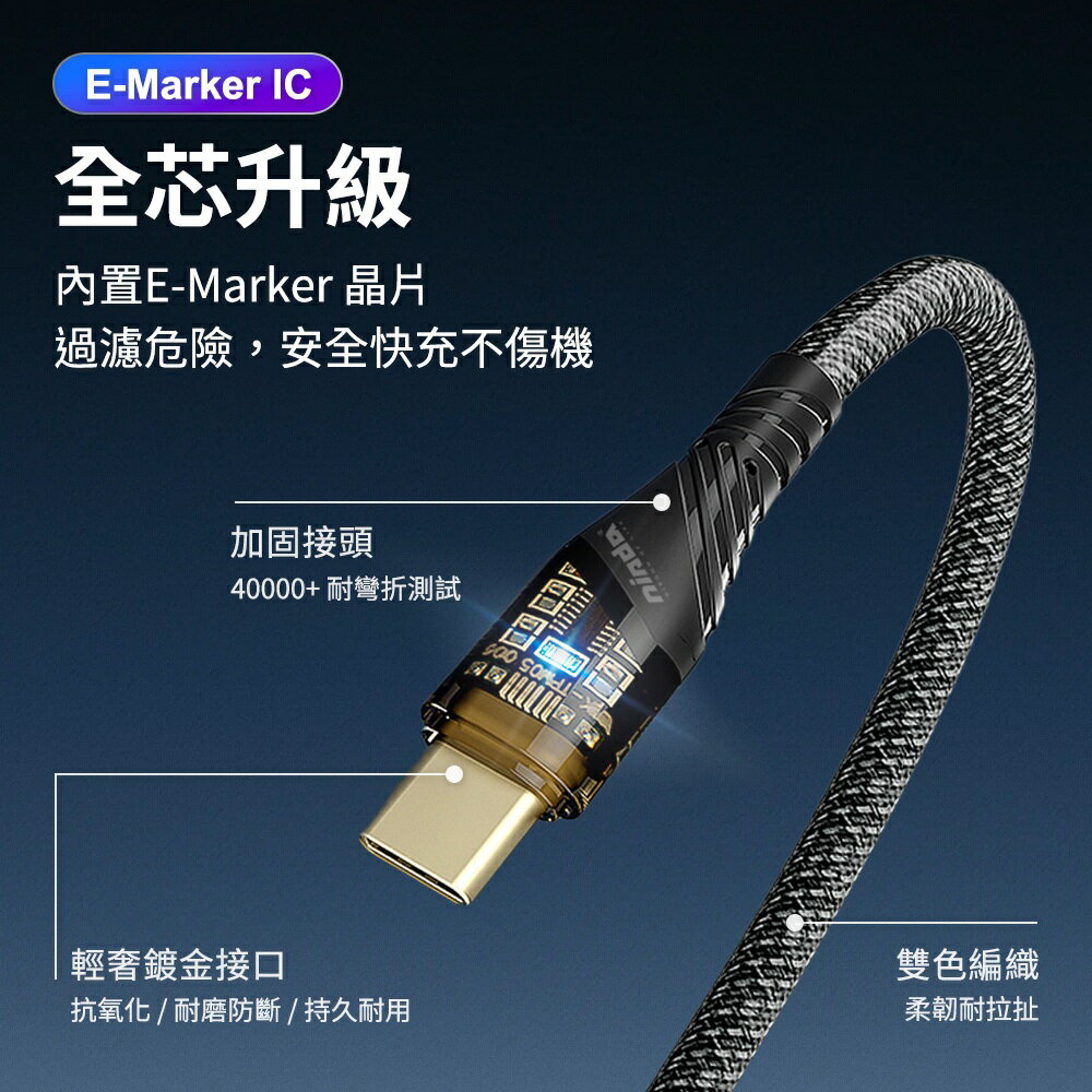 強強滾優選~ NISDA 騎士系列100W充電線 編織耐折+透明LED+加長SR數據線 USB