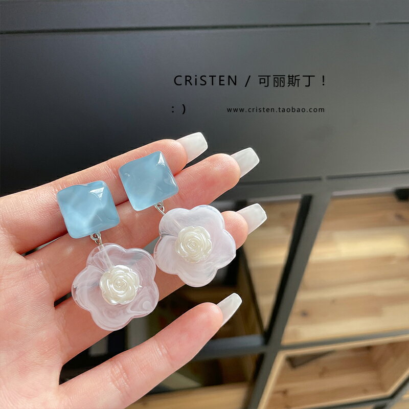 藍色系~法式白色花朵耳環女超仙氣質耳釘精緻簡約耳墜高階感耳飾