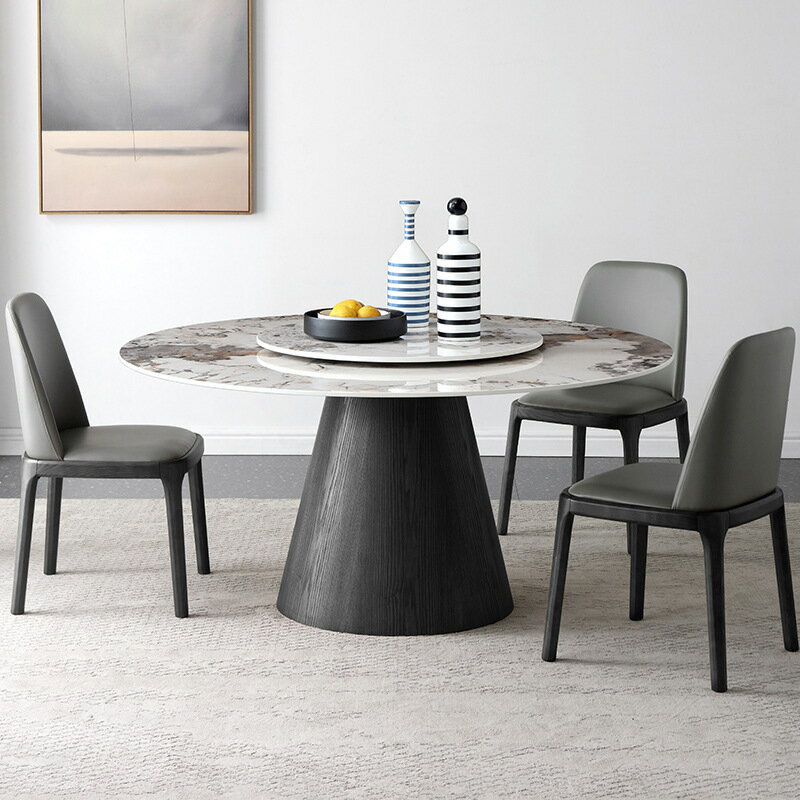北歐亮光巖板圓形餐桌椅組合帶轉盤現代簡約實木小戶型圓桌