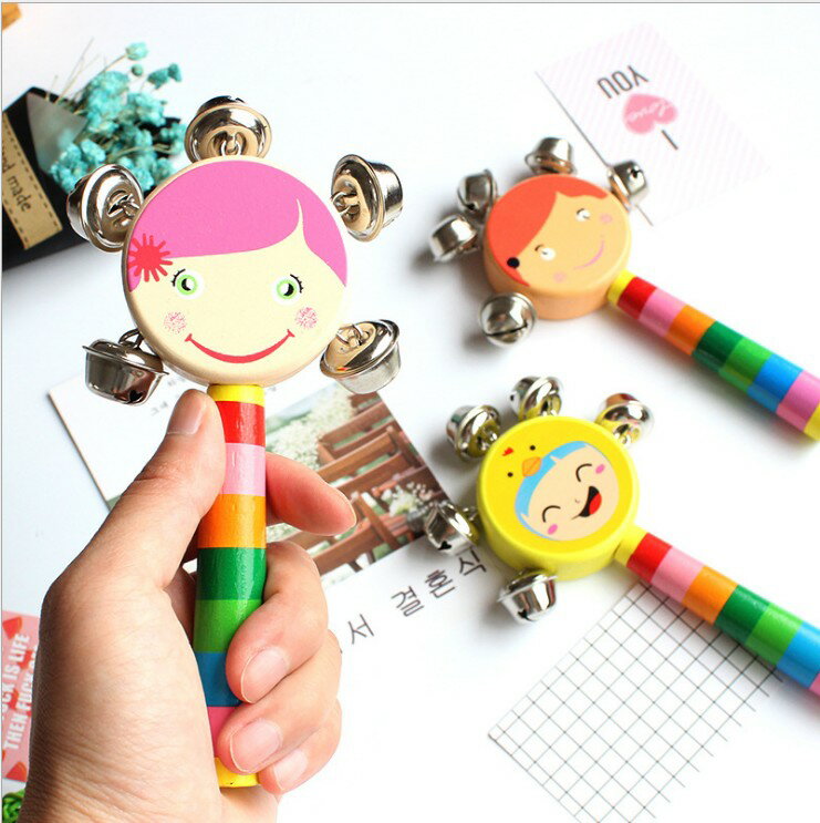 新款兒童攝影道具木質鈴鐺卡通笑臉娃娃搖鈴手搖鈴嬰兒寶寶玩具