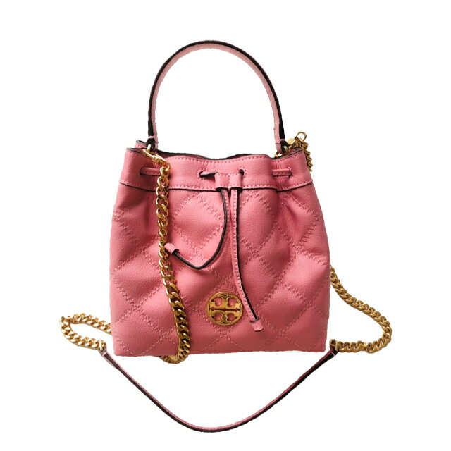 精選★TORY BURCH 萎格浮雕圖案 抽繩鏈條柔軟皮革小號水桶斜跨包 斜背包 82370(預購)~【夏日美包★菲尼斯 國際精品↘3折起】 2