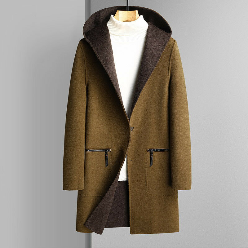 【巴黎精品】毛呢外套中長版大衣-連帽雙面穿羊毛保暖男外套2色p1ac72
