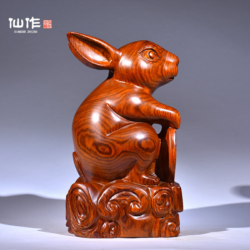 黃花梨木雕兔子十二生肖動物玉兔擺件紅木家居客廳玄關裝飾工藝品